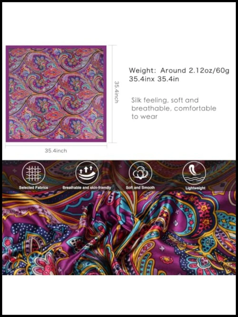35-inch Silk Satin Square Scarf for Hair Wrapping Sleeping